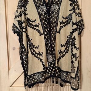 Elegant Black and Cream Poncho with Fringe One Size